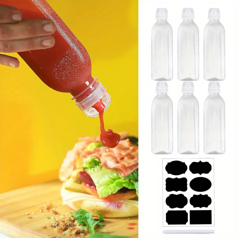 6-Pack 16 oz Transparent Reusable Leakproof Waterproof Plastic Squeeze Bottles with Scale - Kitchen Seasoning Utensils for Condiments, Grilling, Camping Trip Use (16 oz Cups Alternative)