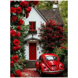 Red Roses White House Red Car Art Painting, Diamond Pattern Design, Diamond Painting 5D DIY Diamond Painting Kit Full Drill Square Round Diamonds Home Wall Decor Unique Art Gift For Living Room Bedroom Handmade Decorative Painting Set