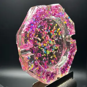 Handmade Resin Glitter Ashtray with Vibrant Pink Multicolor Confetti Unique Decorative Accessory for Home Decor