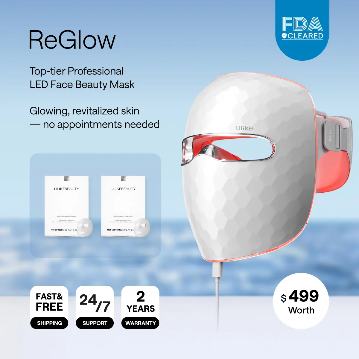 【Super Brand Day】Ulike ReGlow LED Face Lifting Device, 4-in-1 Facial Care Tool with Red, Blue, Yellow & Infrared Red Light, 360° Mirror Reflection, 2-Year Warranty for Firming, Rejuvenation, Brightening