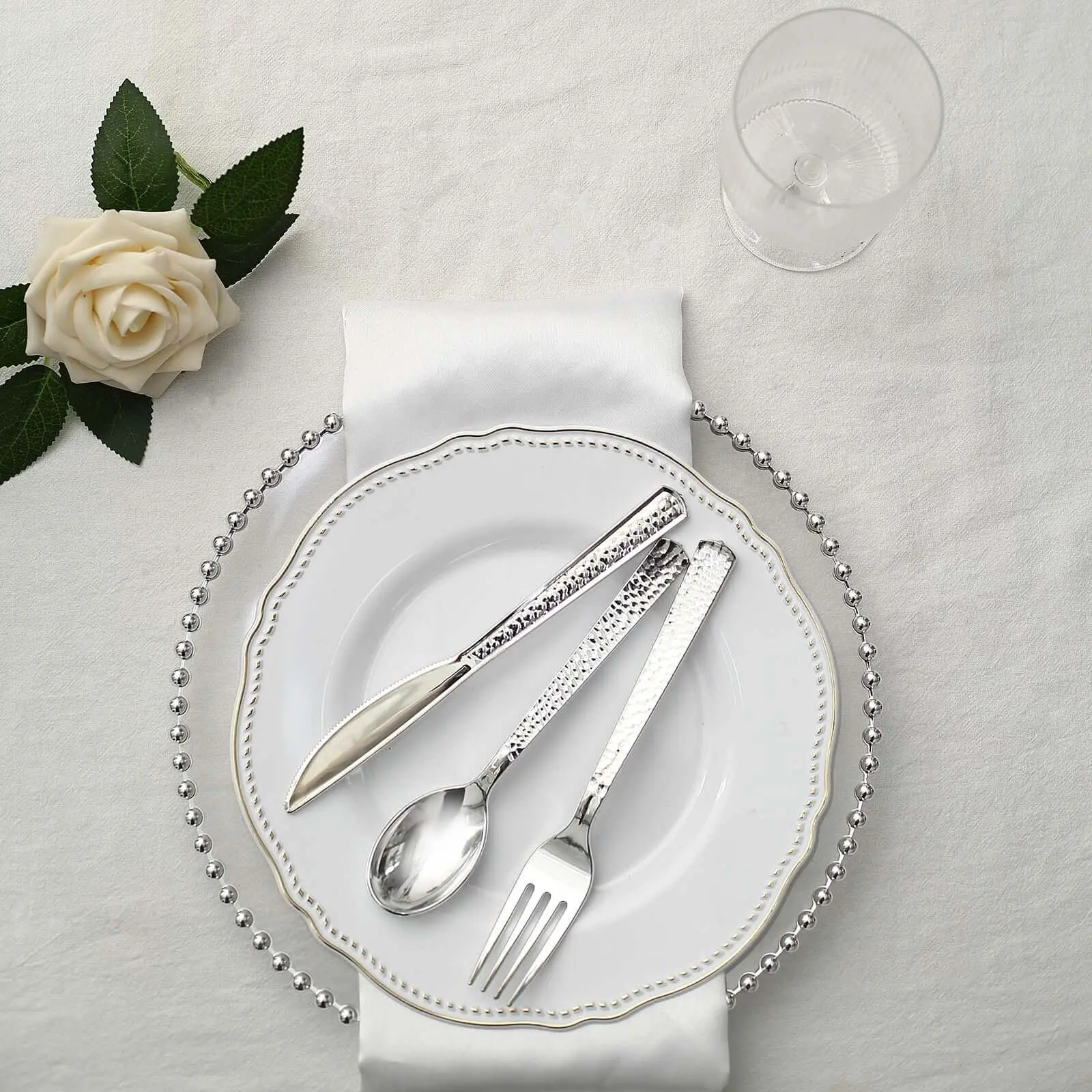 24-Pack Hammered Design Silver Plastic Cutlery & Tableware Set - Heavy-Duty Disposable 7" Utensils