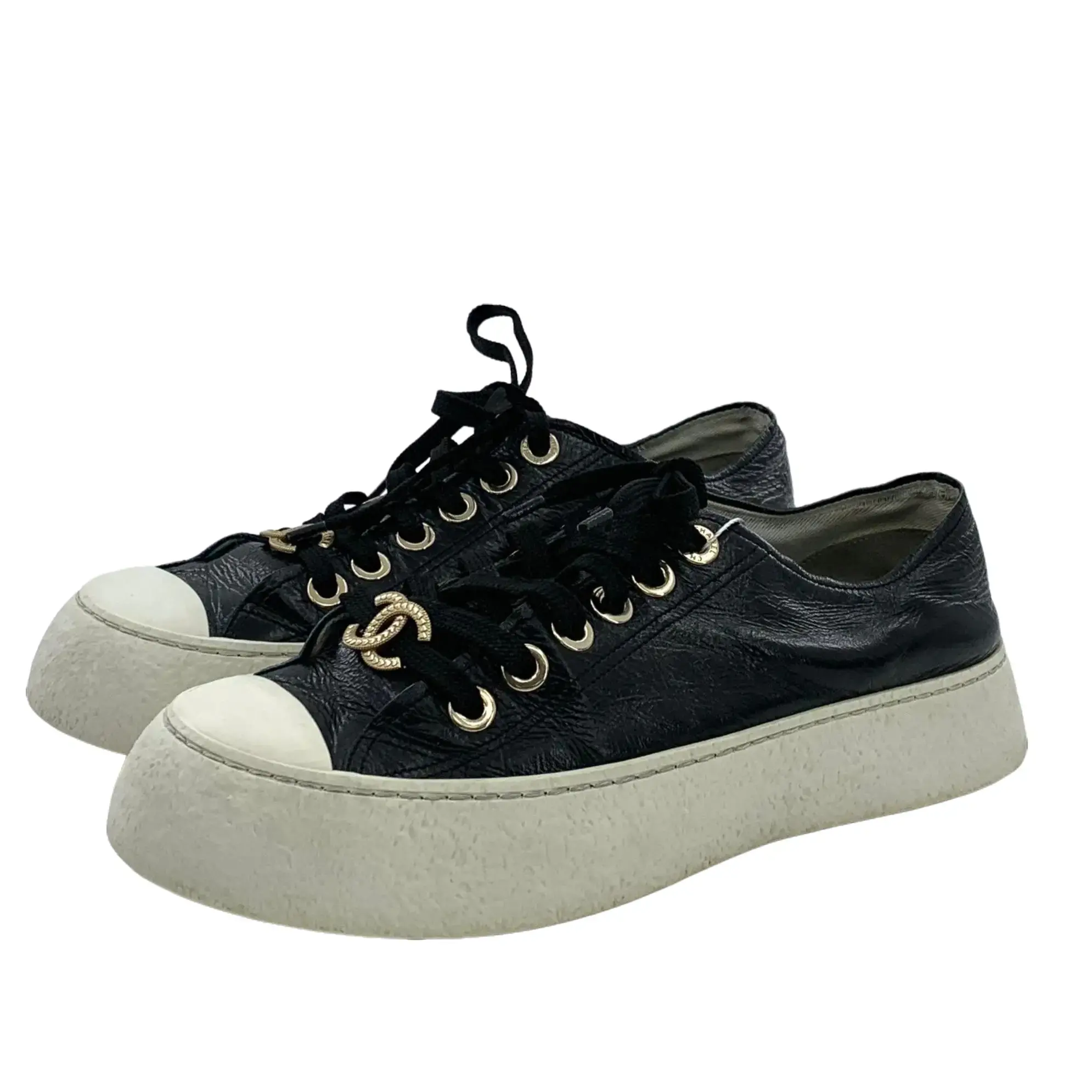 RDLT-Chanel Size 38 25S Black CC Logo Lace-Up Platform Sneakers-J37125