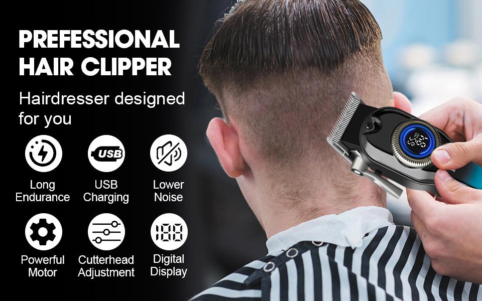 Wireless electric hair clipper, suitable for precise haircuts and beard trimming. Equipped with an LED power display, USB charging function, cleaning brush and guide comb, wireless rechargeable hair clipper set. adjustable blade