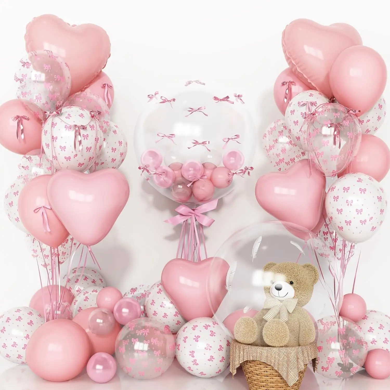 Coquette Bow Balloons, 20 Inch Bobo Light Pale Baby Dusty Pastel &, Heart Shape Balloon for First Birthday Party Decoration Heart Shaped Balloons, Party Balloons Decorations, Balloon Party Supplies