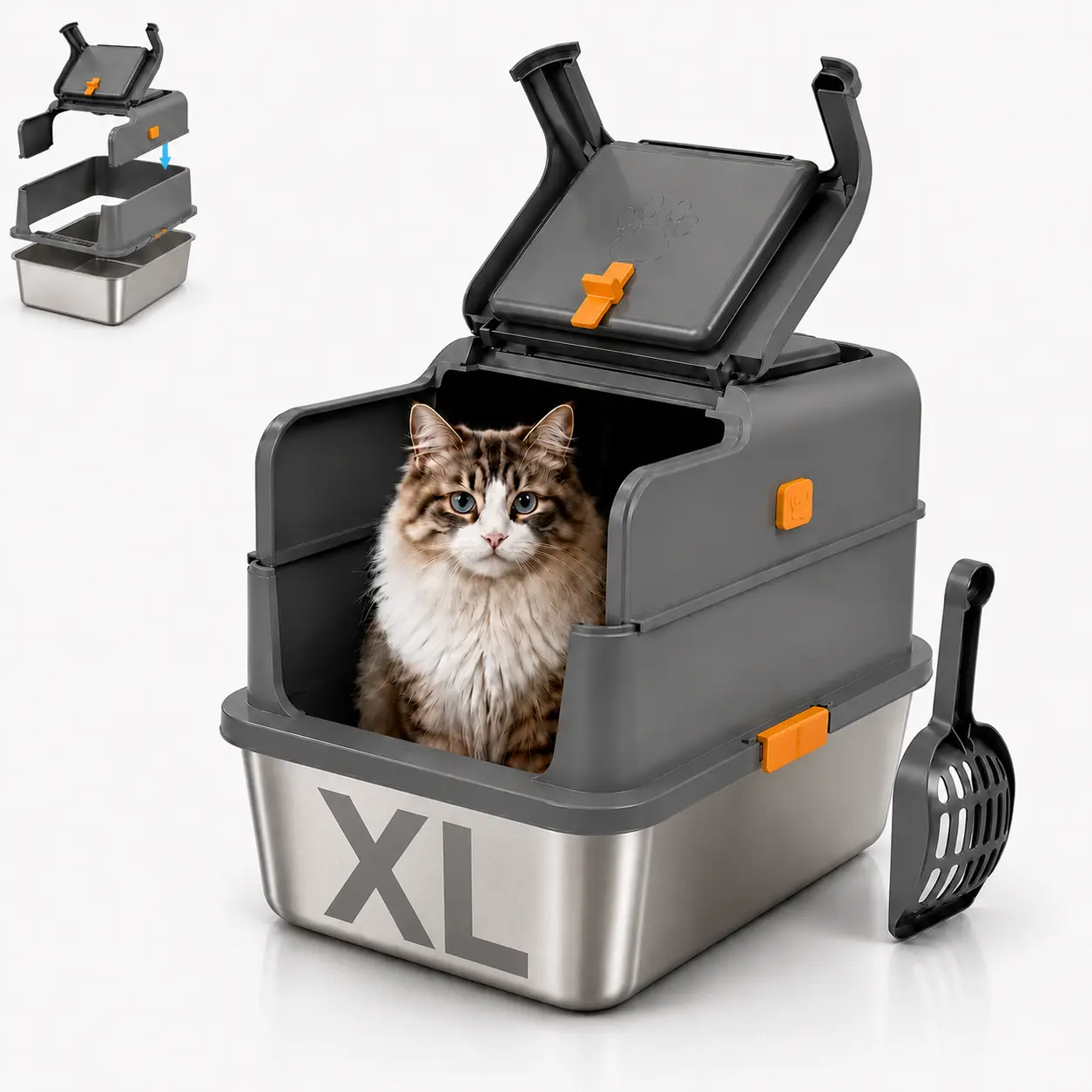 SNUGSPOT XL Stainless Steel Cat Litter Box with Lid - Enclosed Large Litter Box for Big Cats & Multi-Cat, Front Entry & Top Entry, Foldable Flip Cover, with Scoop, Carbon Filter & Litter Tracking Step
