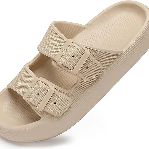 Women's Pillow-Soft EVA Flat Footwear Slipper Sandals - 2-Strap Buckle Adjustable Open-Toe Casual Indoor Shoes with Footbed