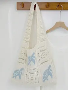 Women's Summer Beach Handbag, Turtle Pattern Crochet Design, Large Capacity Open Top Bag, Polyester, Casual Outdoors, Boho Style, Stylish Tote Bag
