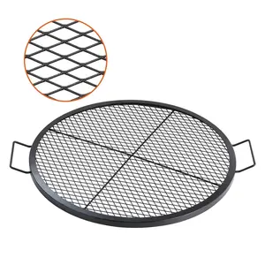 【SummerFinds】VEVOR 30-Inch Round Heavy-Duty Steel Fire Pit Grill Grate, Open Flame Grill with X-Mark Support, Diamond Mesh & Handle, Portable Outdoor Cookware for BBQ & Friend Gatherings