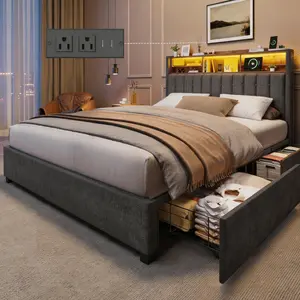 Queen Size Bed Frame with 2-Tier Storage Headboard, Bedroom Metal Bed Frame with 4 Storage Drawers & Fast-Charging Station & LED, Noise-Free, No Box Spring Needed, Easy Assembly, Rustic Grey