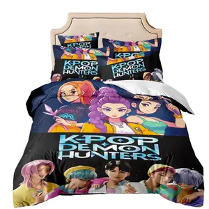 3-Piece Set Vibrant Black Base Demon Hunting Girl Pattern Quilt Cover Set, 100% Breathable Polyester Bedding with Zippered Closure, Machine Washable, Digital, Home Gift Suitable for Year-Round Bedroom Dorm Decor 1 Quilt Cover + 2 Pillowcases (No Fillings)