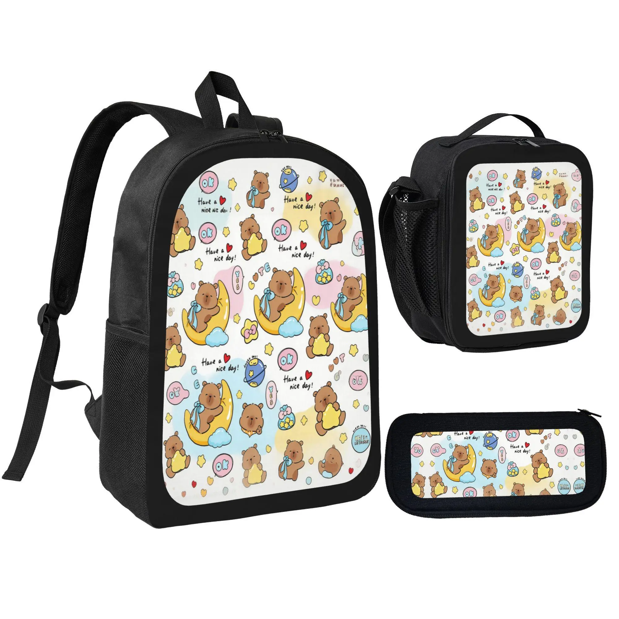 Kids' 3-Pcs Cartoon Bear Pattern Backpack Set with Lunch Bag, Pencil Pouch, Daily Use Bags for Students