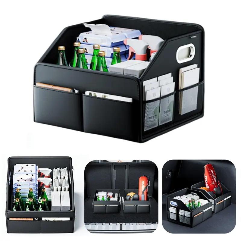 Luxurious PU Leather Organizer For Car Trunk, Large Trunk Cargo Organizer Folding Storage Box with Reinforced Handles, Universal Foldable Car Storage Organizer with Multi-pocket, Black