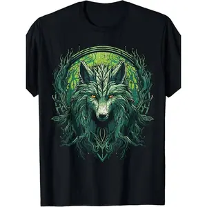 Summer t Shirts Men's 100% Cotton Viking Fenrir Wolf T-Shirt - Mystical Celtic Mythology Design with Runes, Vibrant Digital Print, Crew Neck, Short Sleeve - Ideal for Hiking & Outdoor Adventures, Made In USA, 180g, Odin