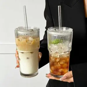 Large-Capacity Striped Glass Tumbler with Lid, Transparent Stripe Glass, Reusable Cold-Drink Cup for Juice or Coffee, Hand-Wash-Only Drinkware for Home, Office, Celebrations & Gift, Glass Iced Coffee Cups