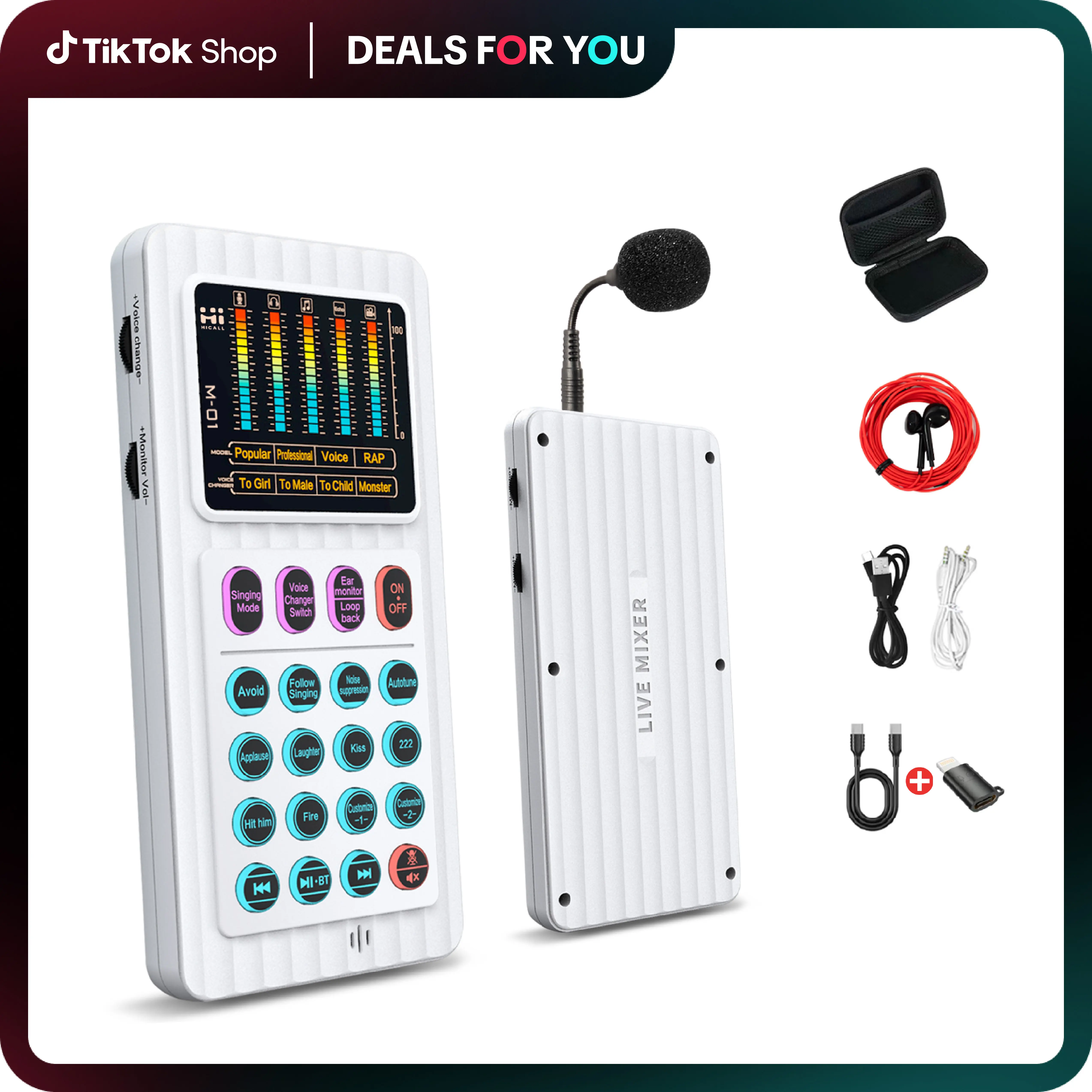 M01 Portable Live Streaming Sound Card Audio Interface, Built-in Microphone for Outdoor Singing/Interviews, 2 Customizable Effects, 4 Voice Changers with 64 Pitch Styles, Follow-Singing Feature#Outdoorfun