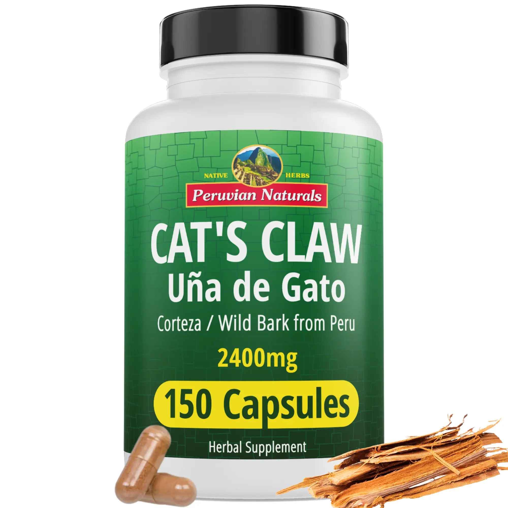 PERUVIAN NATURALS Edible Cat's Claw Herbal Supplement, 150 Vegan Capsules - 800mg GMO-Free Wild Peruvian Bark, for Adult Immune & Bone-Joint Support, Wild Bark