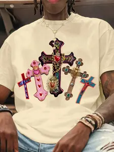 Men's Casual Short Sleeve Crewneck T-Shirt with Cross Print, Religious Elements, Comfortable Regular Fit, Daily Wear, Trendy Fashion Street Style, Streetwear