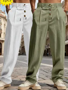 2-piece men's lightweight linen Elastic casual sport straight-leg solid-colored pants, fashionable linen pants for spring, summer and autumn - suitable for fishing, hiking, golf and outdoor activities
