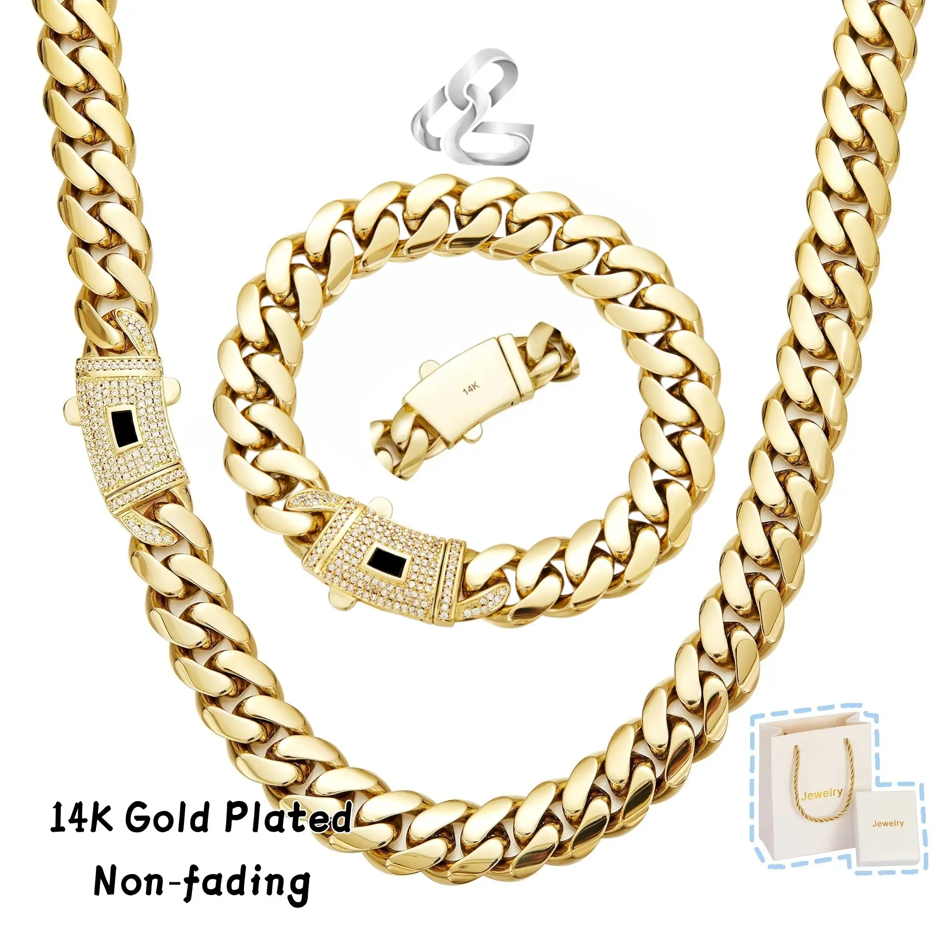 14K High Quality Gold-Plated Miami Link Cuban Necklace & Bracelet Set Waterproof Abrasion-Resistant Fade-Resistant 6/8/10/12/14mm Widths for Men & Women Gift Box Included Perfect Gift Jewelry