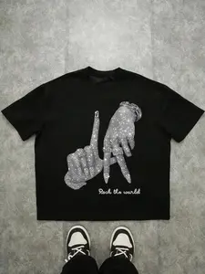 Men's Rock The World gesture graphic T-shirt, shiny rhinestone print hip-hop T-shirt, oversized casual streetwear top, summer casual fashion top, loose fit cropped T-shirt, street trend, subculture style, holiday gift, same style for men and women
