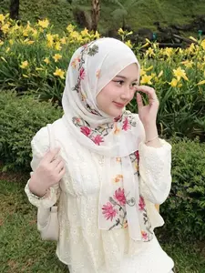 Women's Breathable Fabric Floral Design Jersey Hijab, Soft & Comfortable Loose Fit Headscarf, Fashionable Elegant Lazy Style