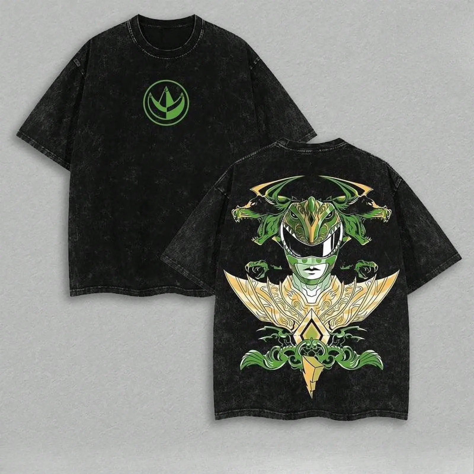 Retro Washed Green Ranger Mighty Morphin Power Rangers Graphic T-Shirt |   Double-Sided Dragonzord Crest & Ornate Helmet Print, Unisex Oversized Streetwear for Men & Women, 90s Nostalgic Aesthetic