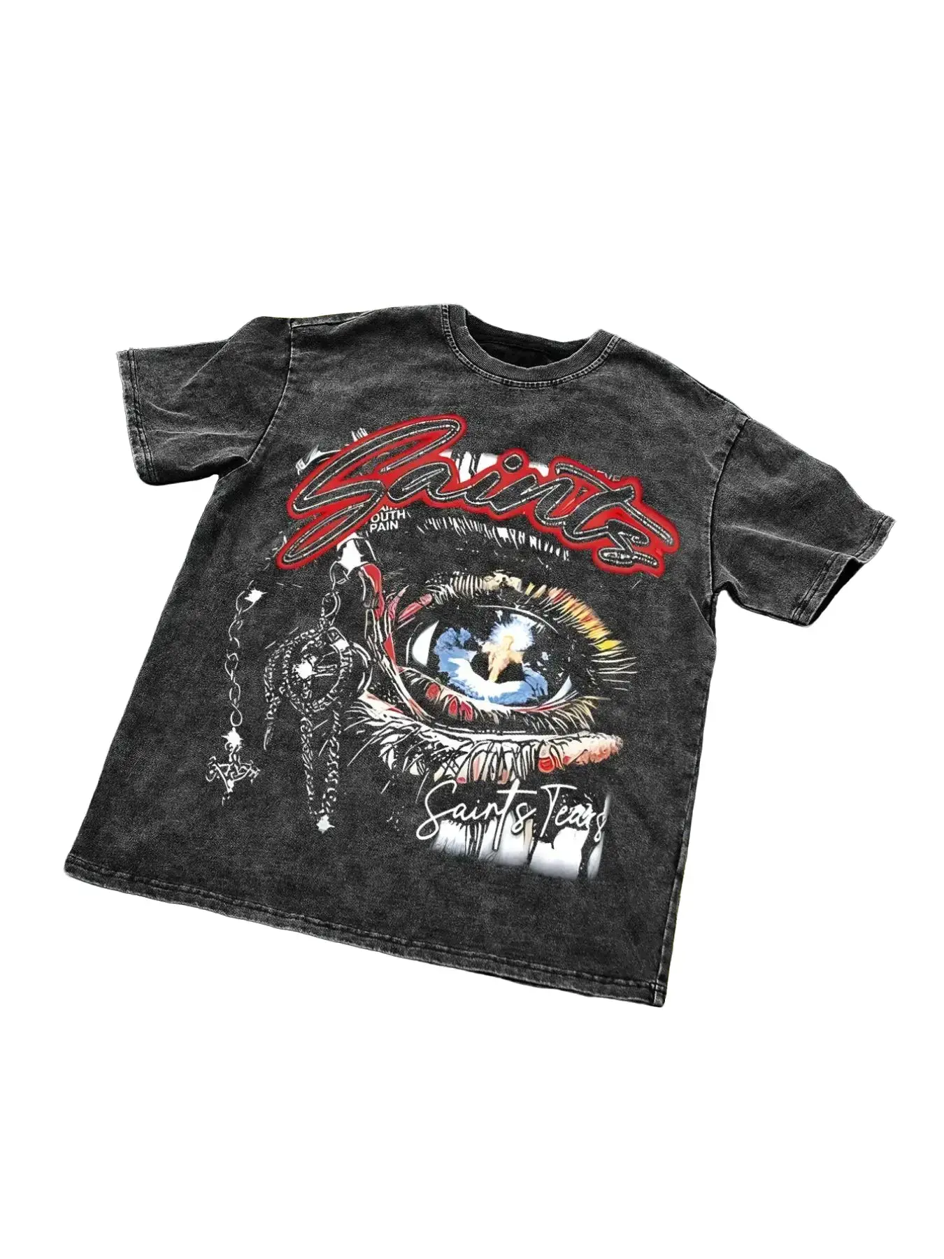 Men's Saint Tears Graphic Round Neck Short-Sleeve T-Shirt - Vintage Wash Heavyweight Cotton, Oversized Relaxed Fit Menswear Apparel, Casual Classic Streetwear with Eye & Chain Design, Soft, Top, Seamless, Vintage Graphic Tees, All Seasons, Chain Print, Ts