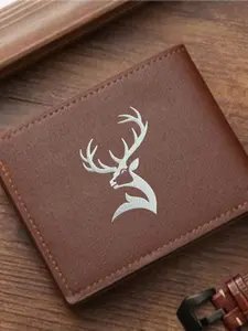 Men's Silver Color Deer Print Leather Wallet, Metal Texture Buck Silhouette Two-Fold Purse, Faux Leather Card Holder