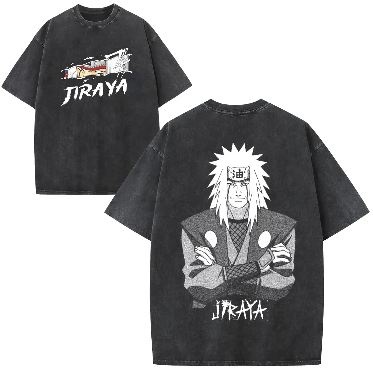 Men's 230g Vintage Washed Heavyweight Cotton Seamless Soft Ribbed Round Neck Short-Sleeve Oversized Streetwear T-Shirt, Unisex Jiraya Character & Name Print Top