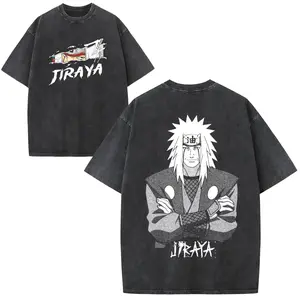 Menswear 230g Vintage Washed Heavyweight Cotton Seamless Classic Unisex Oversized Streetwear Tshirt, Jiraya Character & Name Print Apparel