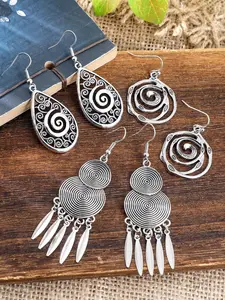 3 pairs Women's Vintage Appeal Silver Bohemian Style Earrings Set, Antique Silver Water Drop Pendant Earrings, Retro Spiral Geometric Patterns Dangle Earrings, Fashion Jewelry