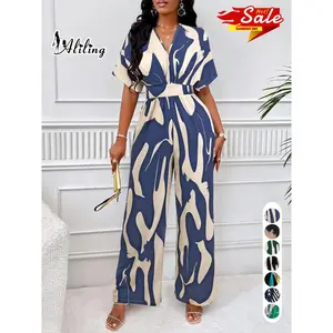 Women's Elegant Loose-Fit V Neck Short Sleeve Romper, Woven Fabric Wide Leg Pants, All Season Fashionable One-Piece Womenswear