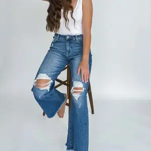 Blakely Smart Distressed Dark Wash Wide Leg Jean Womenswear Denim