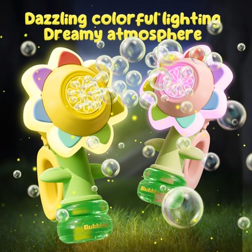 Rechargeable Flower Bubble Guns for Kids W/LED Lights & 10 Refill Solutions, Fun Swing Dance Bubble Maker Machine Blower Blaster Toys,Outdoor Summer Play, Easter, Birthday Party Favors & Gifts