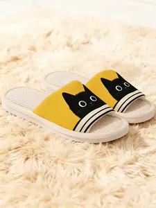 Striped Cat Home Slippers, Waffle Linen Breathable, Anti-Slip Soft Sole, All-Season Comfortable Shoes for Girls