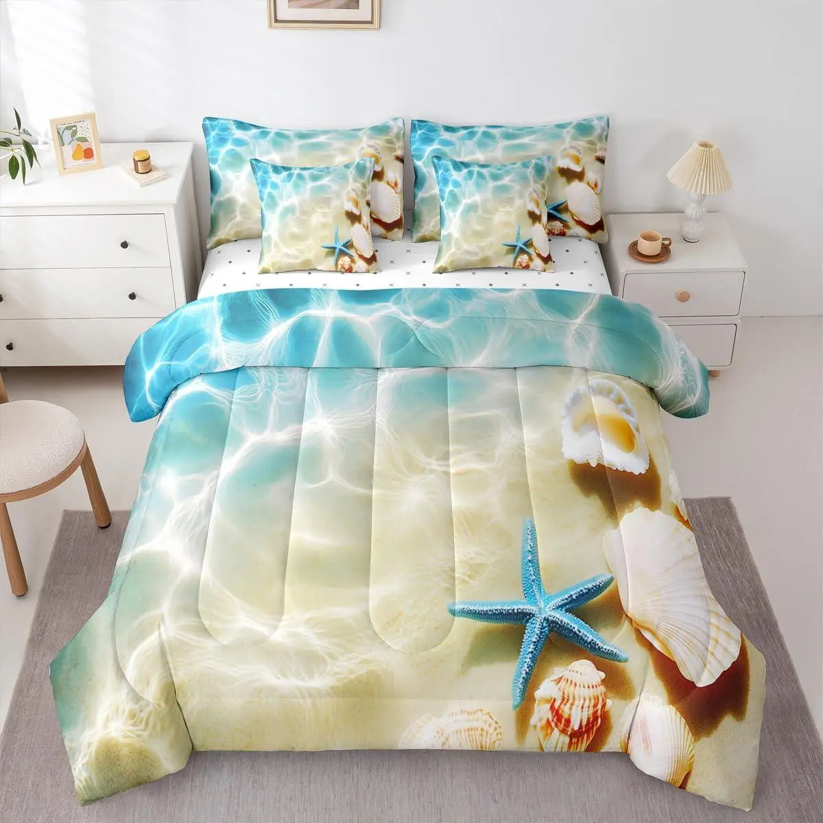 Feelyou 7-Piece Microfiber Breathable Decorative Bedding Set - Coastal Ocean Beach Comforter Set with Sheets, Hawaiian Sea Wave, Animal, Shell, Starfish Themes, Breathable Bedding Set