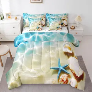 Ocean 7 Piece Bedding Set,Beach Comforter Bed Set with Sheets,Coastal Nature Bed Bag,Hawaiian Sea Wave Animals Shell Starfish Bed Set