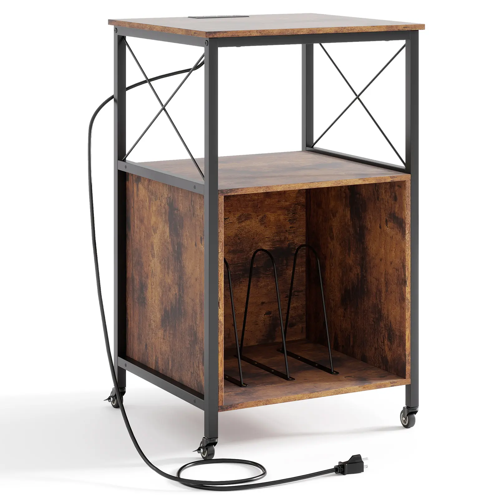 COSTWAY - Mobile Record Player Stand with Power Outlet with Open Shelf and Dividers-Rustic Brown