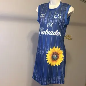 Patriotic Salvi Dress with El Salvador Sunflower Design Blue Striped Sleeveless Fashion