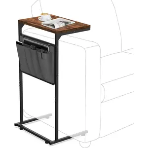 C Shaped End Table, Small Side Table for Couch and Recliner, Slide Under Sofa Tray Desk with Storage Bag for Living Room and Bedroom, Rustic Brown