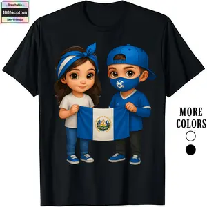 Men's Cotton Graphic T-Shirts with Cute Cartoon Kids El Salvador Flag Crewneck for Everyday Wear Tropical Gift Soft Tops Y2K Outfits Halloween Shirts