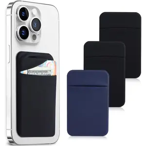 3pack cell phone card holder pocket for back of phone, stretchy stick on wallet credit card ID case pouch sleeve self adhesive sticker with flap for iPhone Samsung Galaxy-2Black + 1Navy blue
