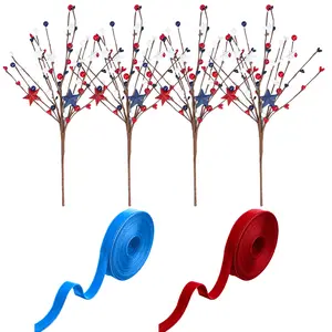 4 pcs artificial berry branch cuttings, with 2 pcs velvet ribbon, suitable for Independence Day in the United States on July 4th. Five pointed star fake pulp fruit branches are used for home office restaurant decoration vase decoration