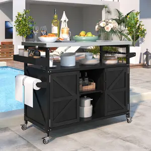 Outdoor Kitchen Island, Rolling Bar Cart & Storage Cabinet, Farmhouse Solid Wood Outdoor Grill Table with Stainless Steel Top, Towel Rack for Kitchen