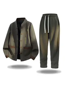 1set Men's Autumn-Winter Casual Fashion Short Lapel Chinese Character Pattern Embroidery Chinese Style Most Cool Ethnic Style New Chinese Style Long-Sleeved Jacket Hanfu Comfortable Straight-through Pants Set, With Drawstrings and Pockets