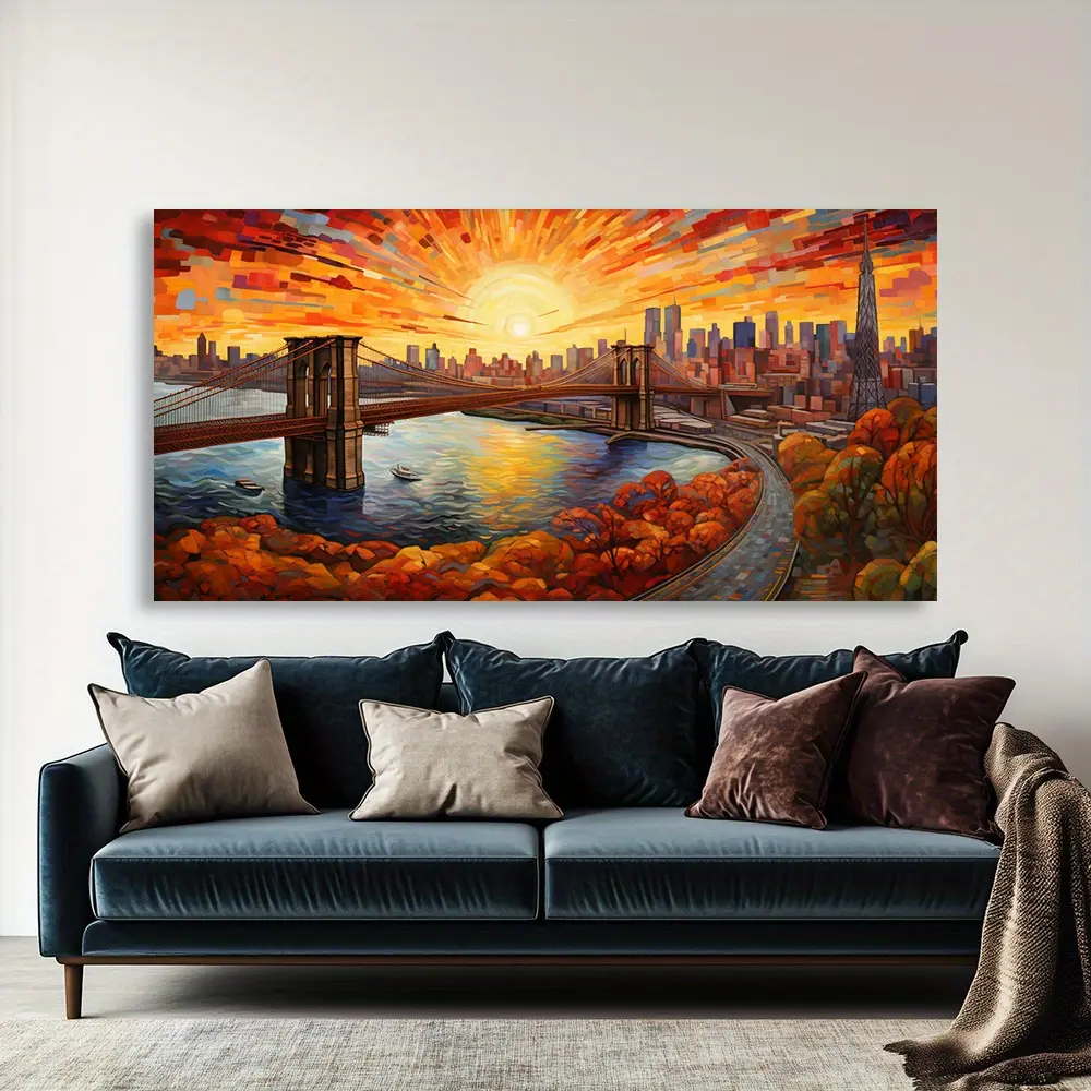 Artistic Vibrant Brooklyn Bridge Sunset Cityscape Photo Wall Art - High-Quality Ink Printing, 20x40x0.75in (50x100x1.9cm) Pine Wood Frame, Decorative Home Supplies for Living Room, Bedroom