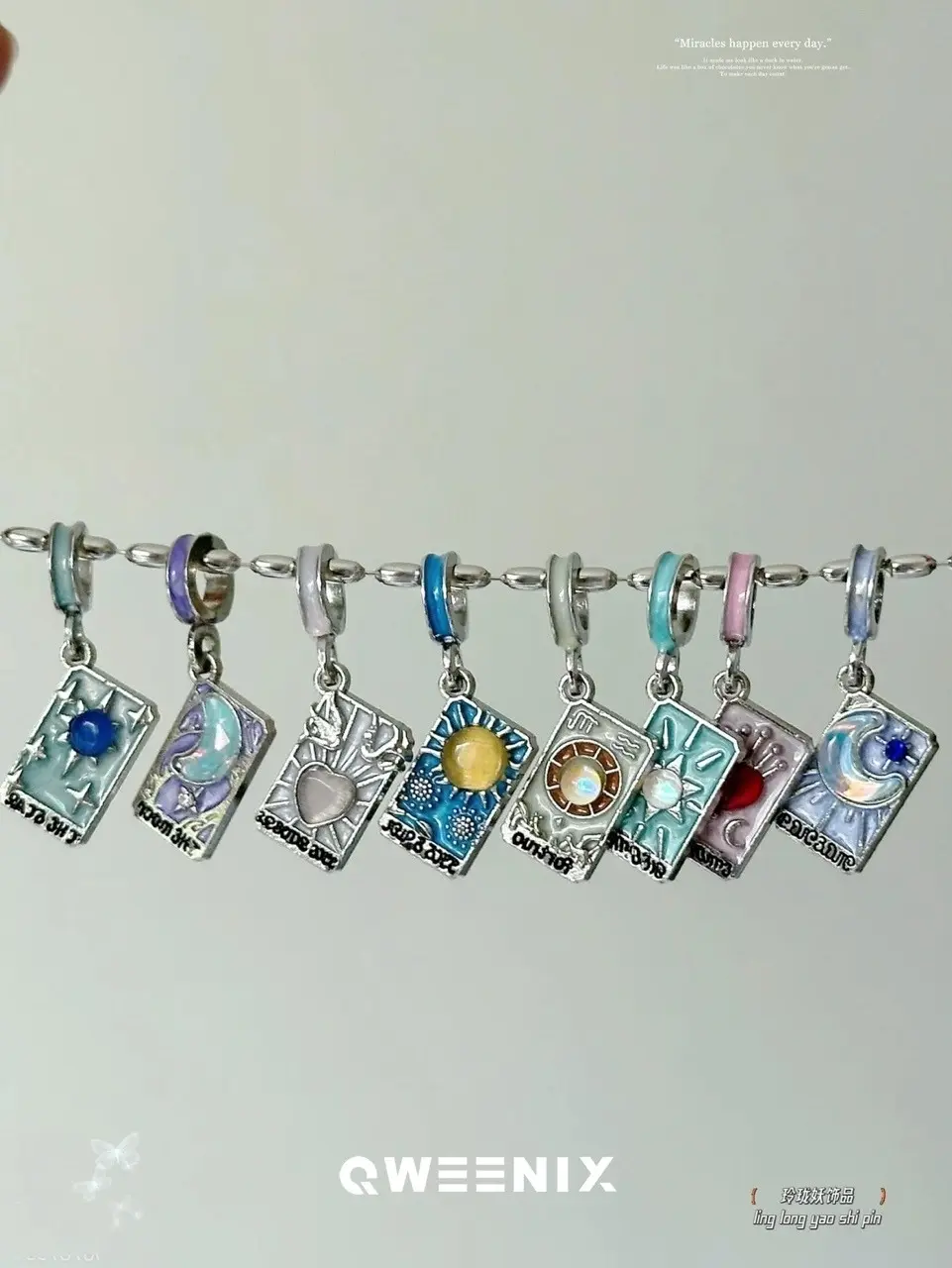 DIY Tarot Card Charm Beads Set, Silver Plated 8PCS Enamel Pendant Charms for Bracelet Making, Spacer Beads for Jewelry Crafts
