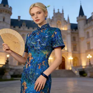 Van Gogh Blue Handmade Frog Button Premium Dress