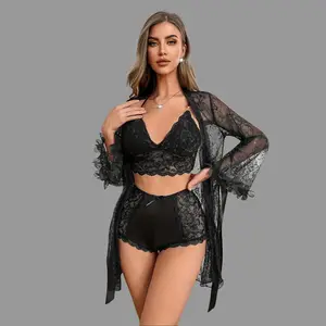 Women's3-piece set of solid color lace patchwork top, pants, cape, and three-piece suit, made of jacquard mesh fabric, with long wide-edged leaf-patterned cuffs, bow-tie decorative belt, pajamas and loungewear - ideal Valentine's Day gift