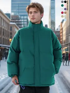 Men's Solid Zip Up Drop Shoulder Thermal Lined Parka Coat, Loose Casual Long Sleeve Stand Collar Outerwear for Fall & Winter, Men's Clothes for Daily Wear